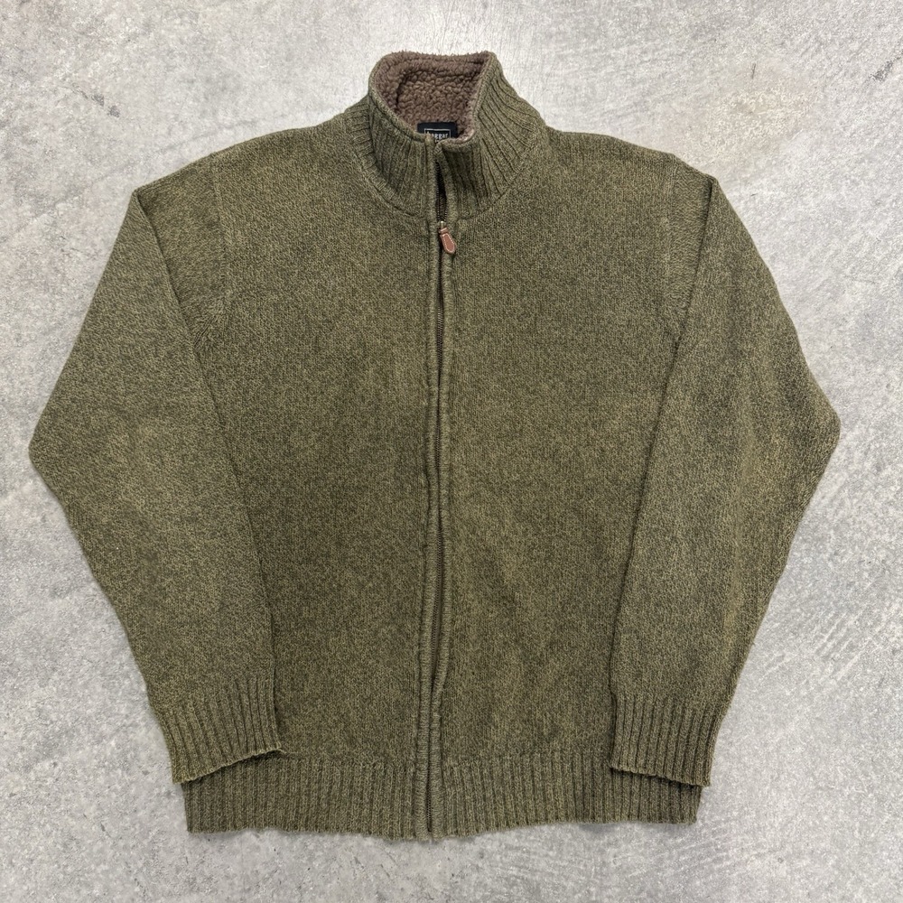 Men's Green Sweater Cotton Acrylic Full Zip Haggar Earthtone Sherpa Collar Large